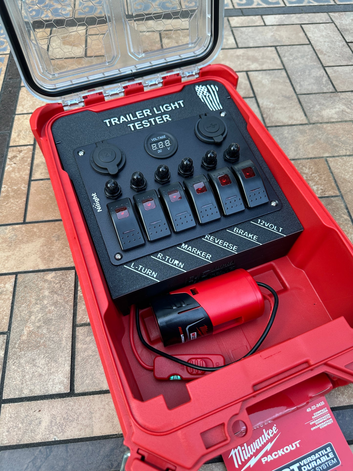 Trailer Light Tester For Milwaukee M12 Battery, 7 Pin Trailer Light Tester, Milwaukee PACKOUT Container