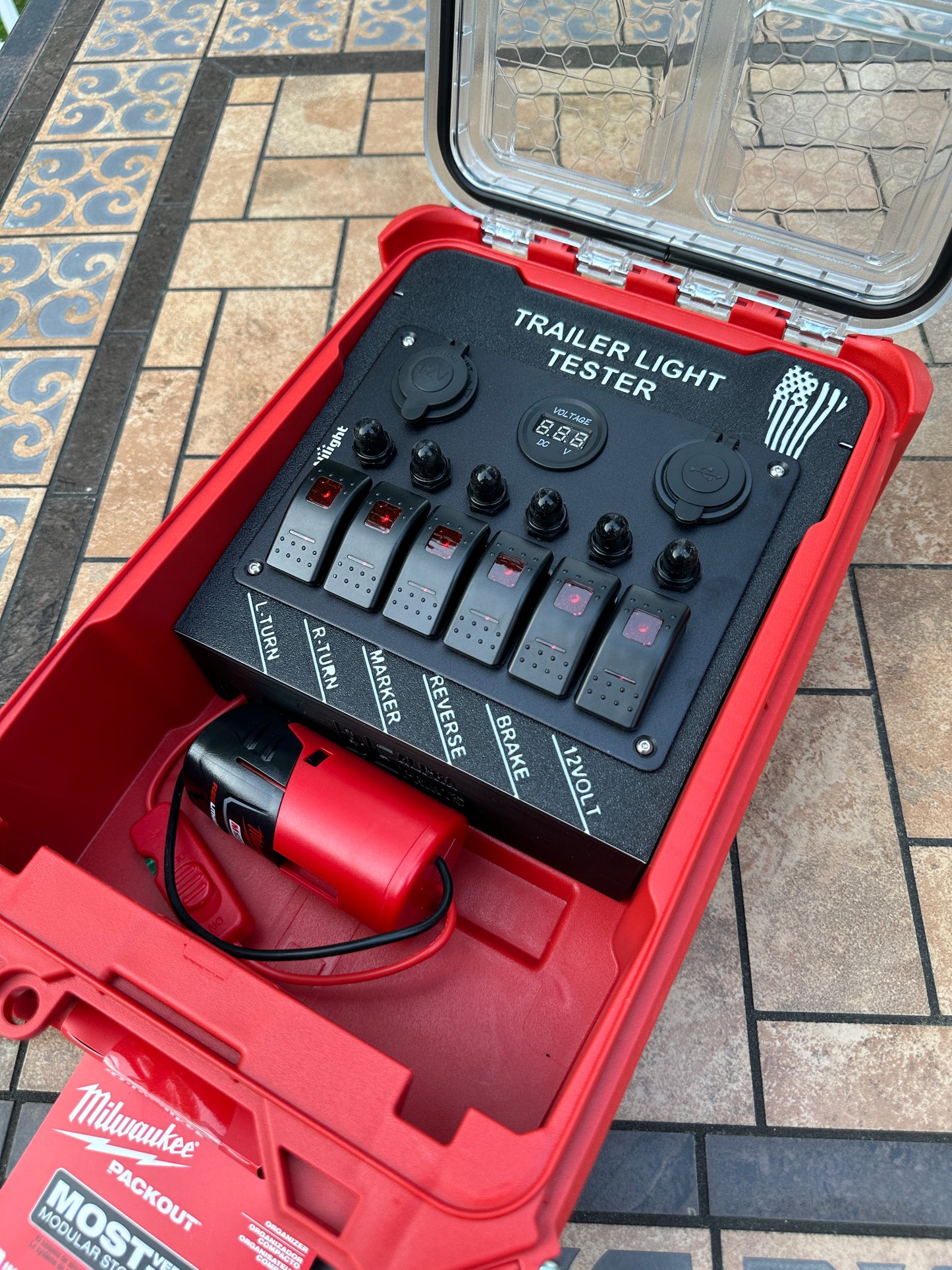 Trailer Light Tester For Milwaukee M12 Battery, 7 Pin Trailer Light Tester, Milwaukee PACKOUT Container