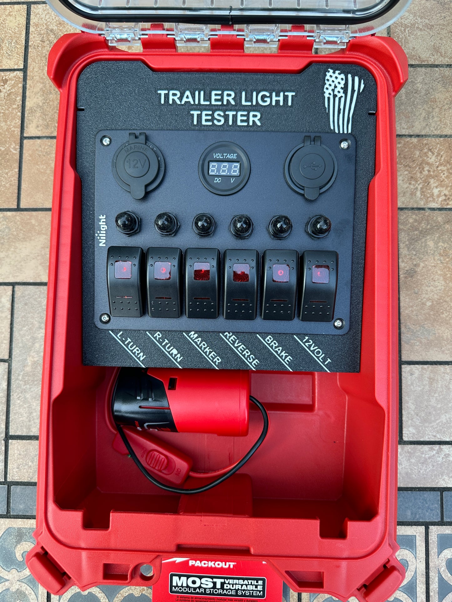 Trailer Light Tester For Milwaukee M12 Battery, 7 Pin Trailer Light Tester, Milwaukee PACKOUT Container